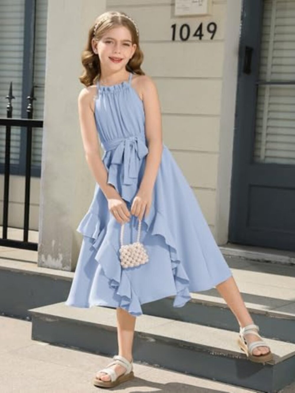 Girls Chiffon Halter Tie Back Tiered Ruffle A-Line Flowy Midi Sundress
